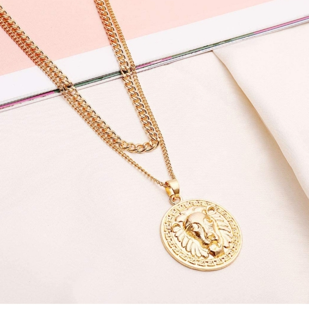 Gold Lion Medallion Double Strand Necklace - Picture 8 of 8